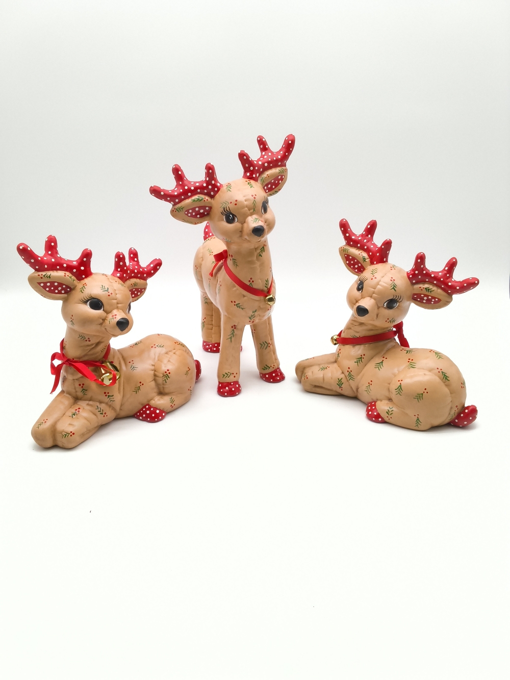 1989/91 Kimple Hand Painted Quilted Christmas Ceramic Reindeer Figurines - 3 pcs